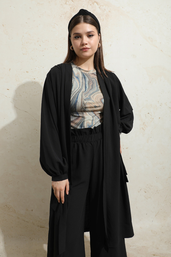 Omuzu Büzgülü Abaya İkili Takım Siyah - 6