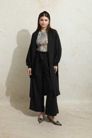 Omuzu Büzgülü Abaya İkili Takım Siyah - 1