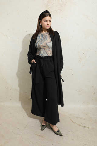 Omuzu Büzgülü Abaya İkili Takım Siyah - 7