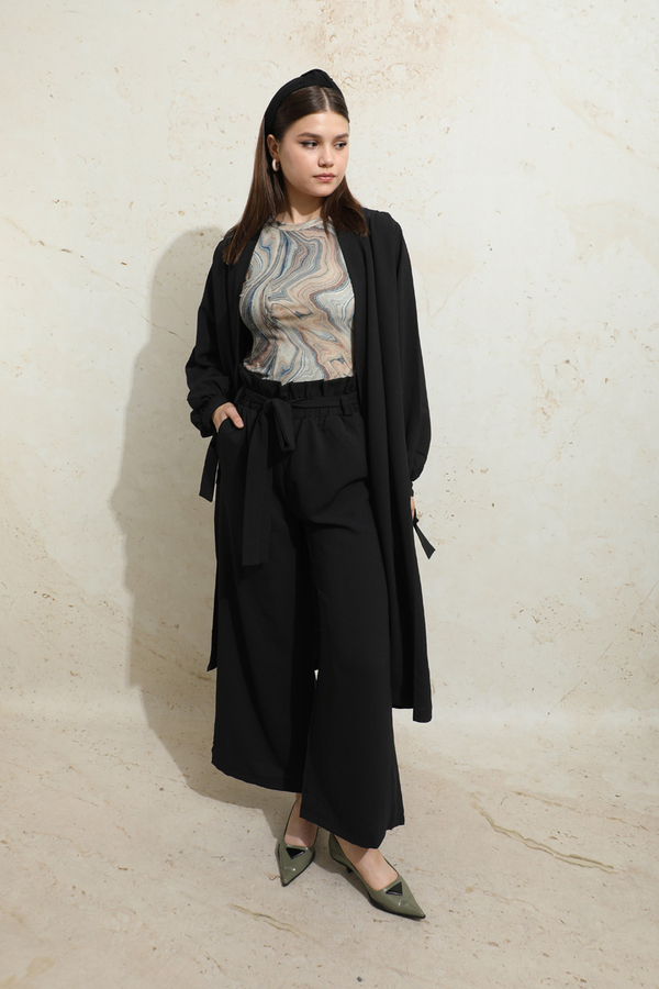 Omuzu Büzgülü Abaya İkili Takım Siyah - 7