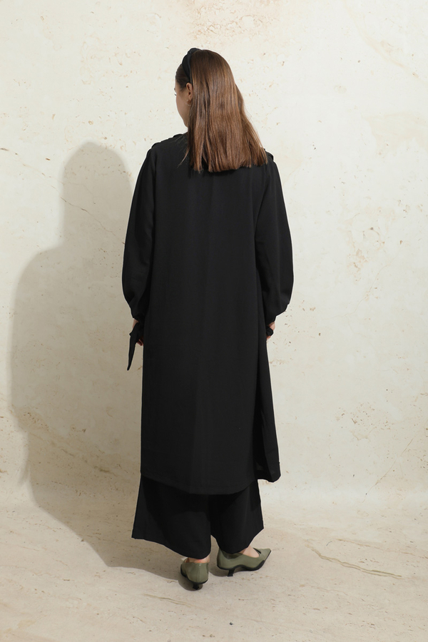 Omuzu Büzgülü Abaya İkili Takım Siyah - 9