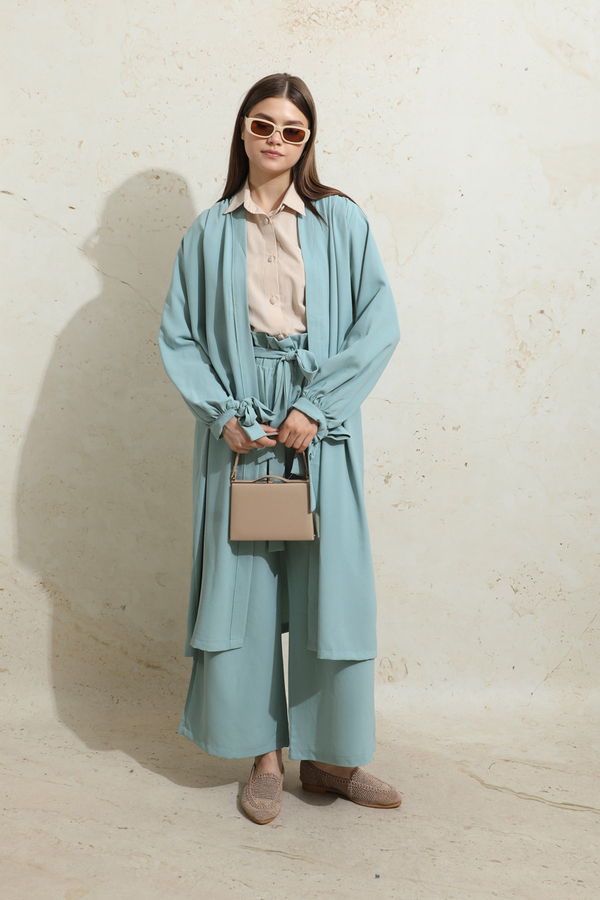 Omuzu Büzgülü Abaya İkili Takım Turkuaz - 2