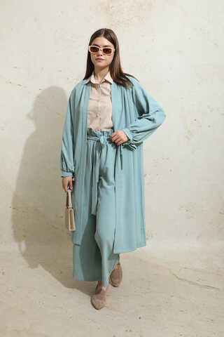 Omuzu Büzgülü Abaya İkili Takım Turkuaz - 4