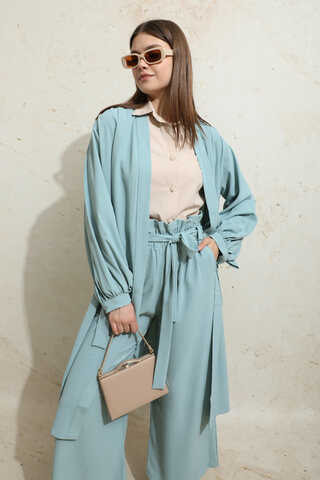 Omuzu Büzgülü Abaya İkili Takım Turkuaz - 1
