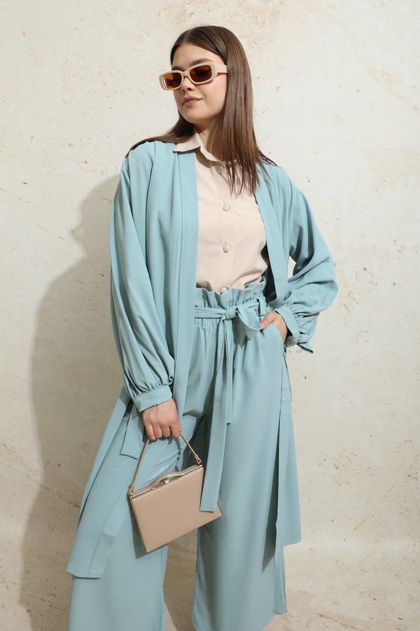 Omuzu Büzgülü Abaya İkili Takım Turkuaz - 1