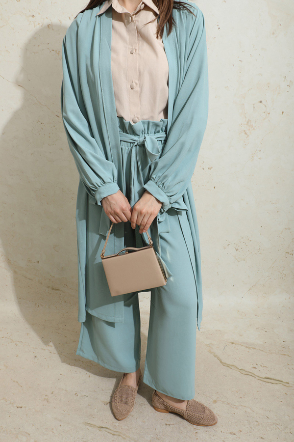 Omuzu Büzgülü Abaya İkili Takım Turkuaz - 3