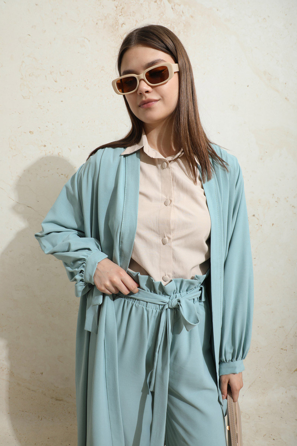 Omuzu Büzgülü Abaya İkili Takım Turkuaz - 6