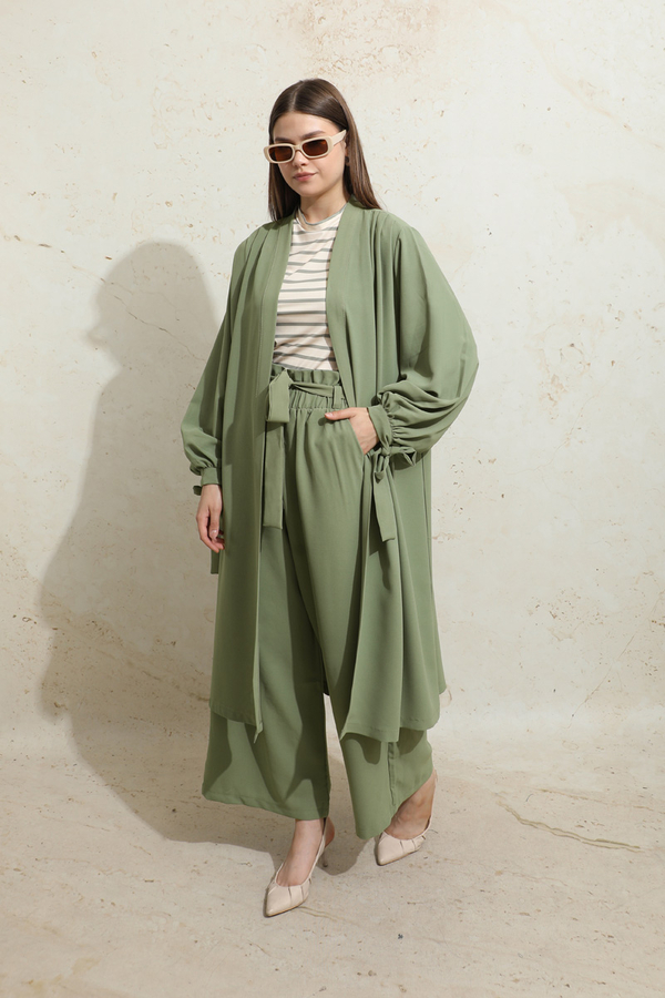 Omuzu Büzgülü Abaya İkili Takım Yeşil - 1