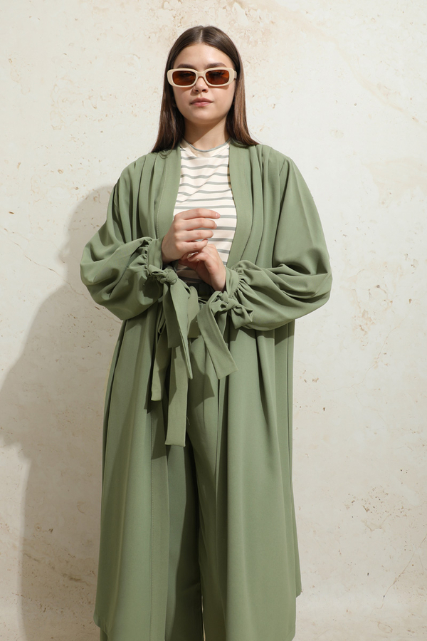 Omuzu Büzgülü Abaya İkili Takım Yeşil - 2