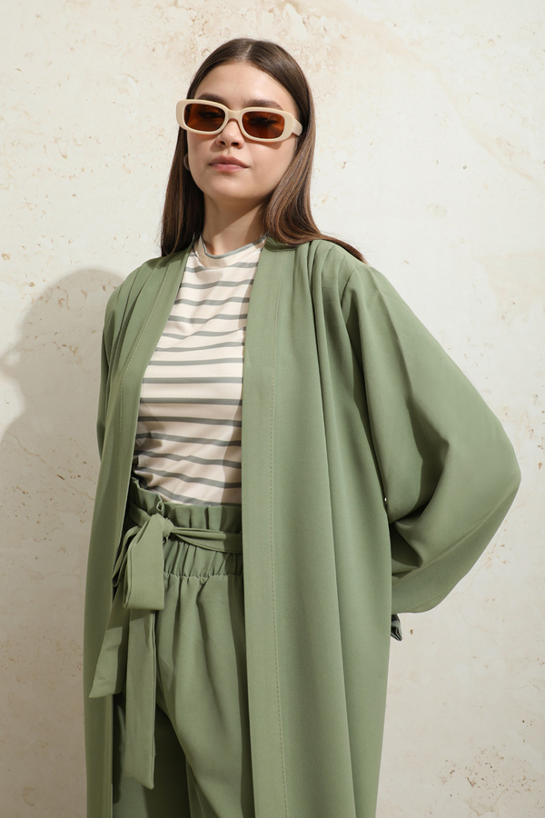 Omuzu Büzgülü Abaya İkili Takım Yeşil - 4