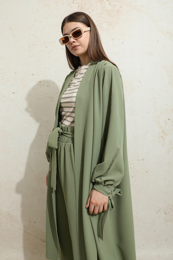 Omuzu Büzgülü Abaya İkili Takım Yeşil - 7