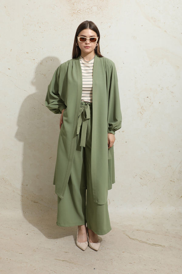 Omuzu Büzgülü Abaya İkili Takım Yeşil - 3