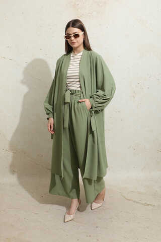 Omuzu Büzgülü Abaya İkili Takım Yeşil - 1