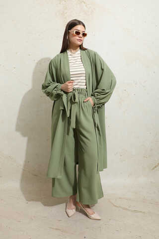 Omuzu Büzgülü Abaya İkili Takım Yeşil - 6