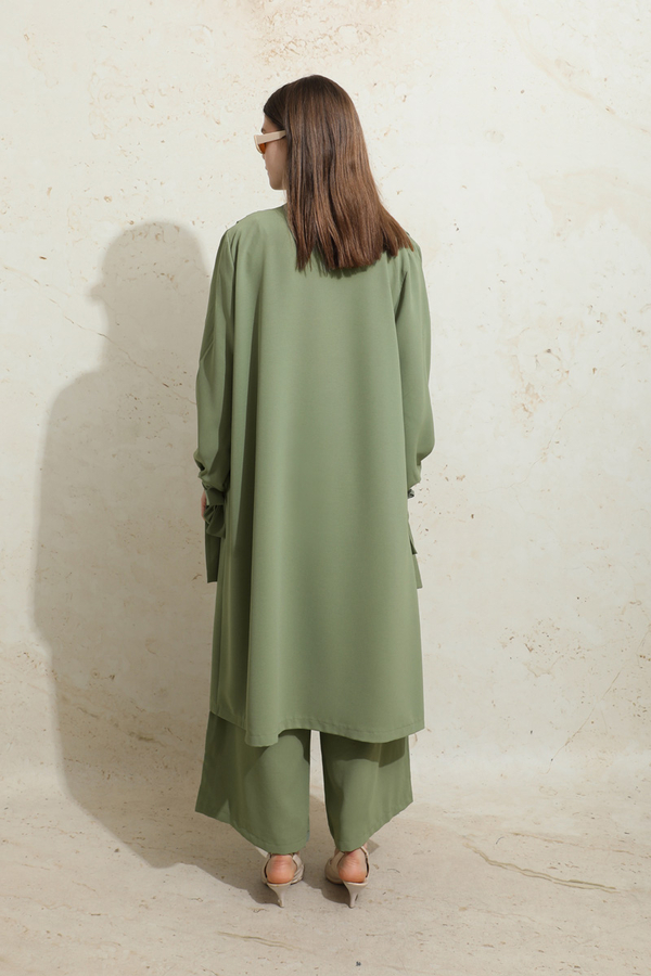 Omuzu Büzgülü Abaya İkili Takım Yeşil - 8