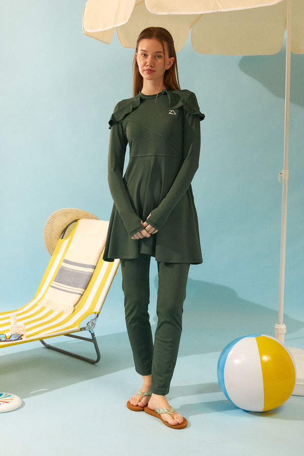 Omzu Fırfırlı Tesettür Mayo Takım Haki