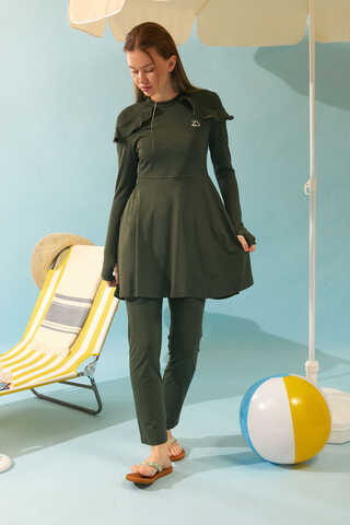 Omzu Fırfırlı Tesettür Mayo Takım Haki - 4