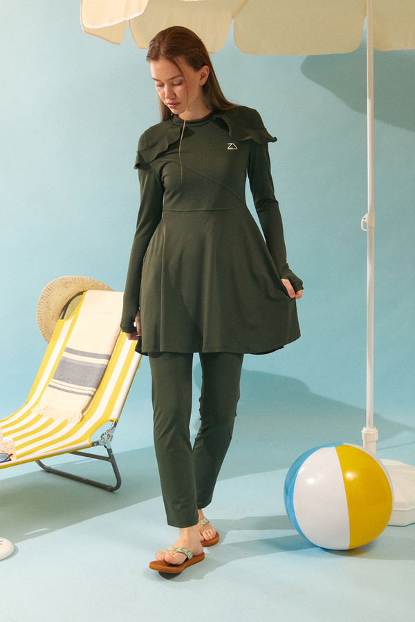 Omzu Fırfırlı Tesettür Mayo Takım Haki - 4