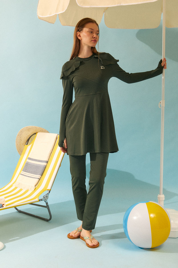 Omzu Fırfırlı Tesettür Mayo Takım Haki - 5