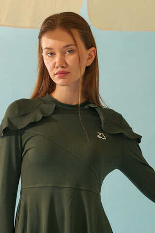 Omzu Fırfırlı Tesettür Mayo Takım Haki - 6