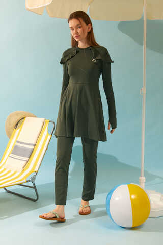 Omzu Fırfırlı Tesettür Mayo Takım Haki - 7