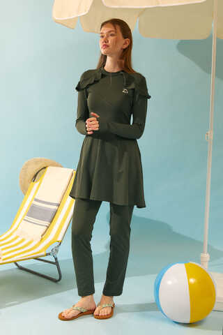 Omzu Fırfırlı Tesettür Mayo Takım Haki - 8