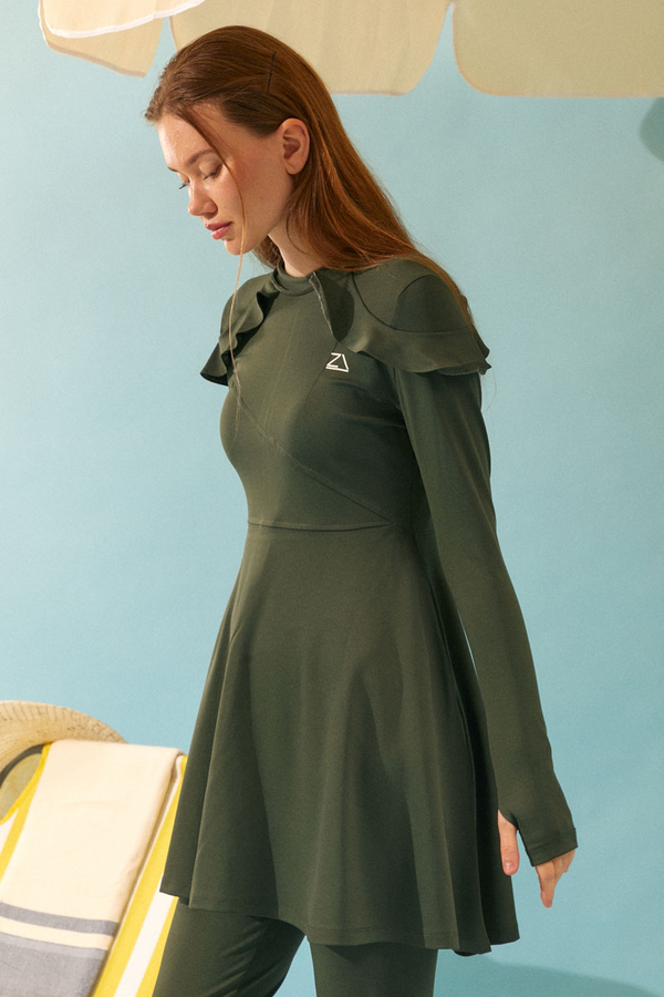 Omzu Fırfırlı Tesettür Mayo Takım Haki - 9