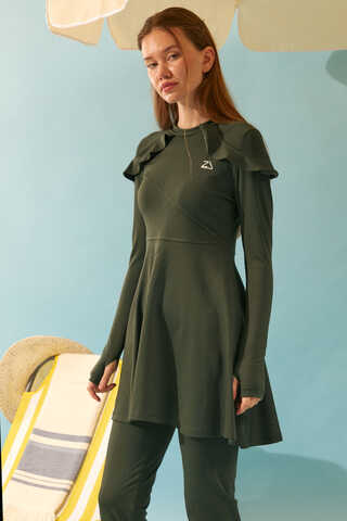 Omzu Fırfırlı Tesettür Mayo Takım Haki - 10