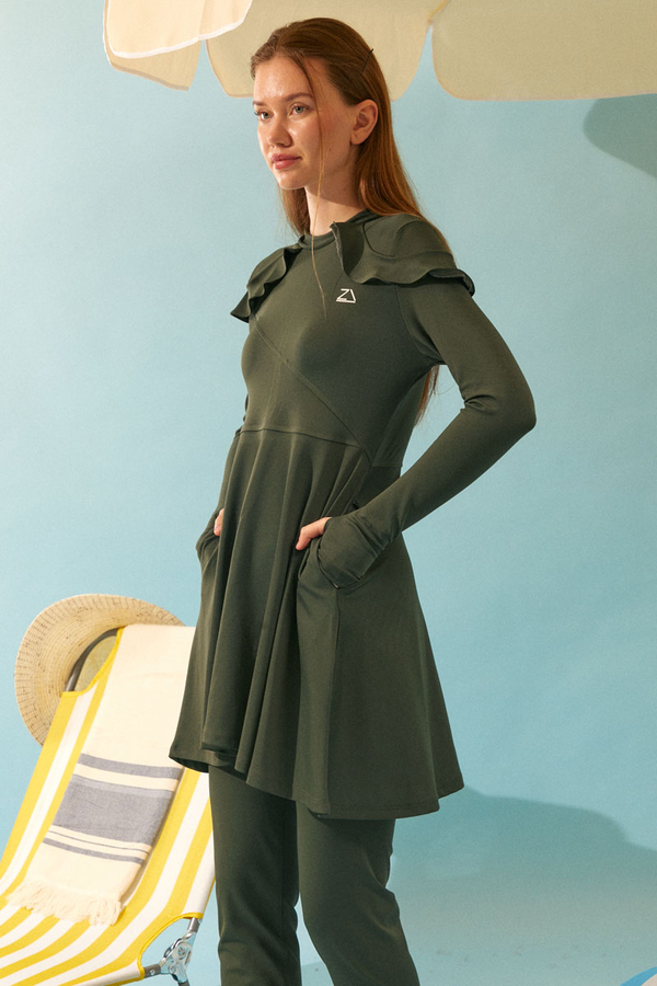 Omzu Fırfırlı Tesettür Mayo Takım Haki - 12