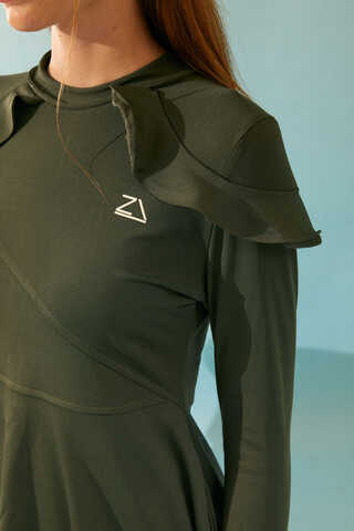 Omzu Fırfırlı Tesettür Mayo Takım Haki - 13