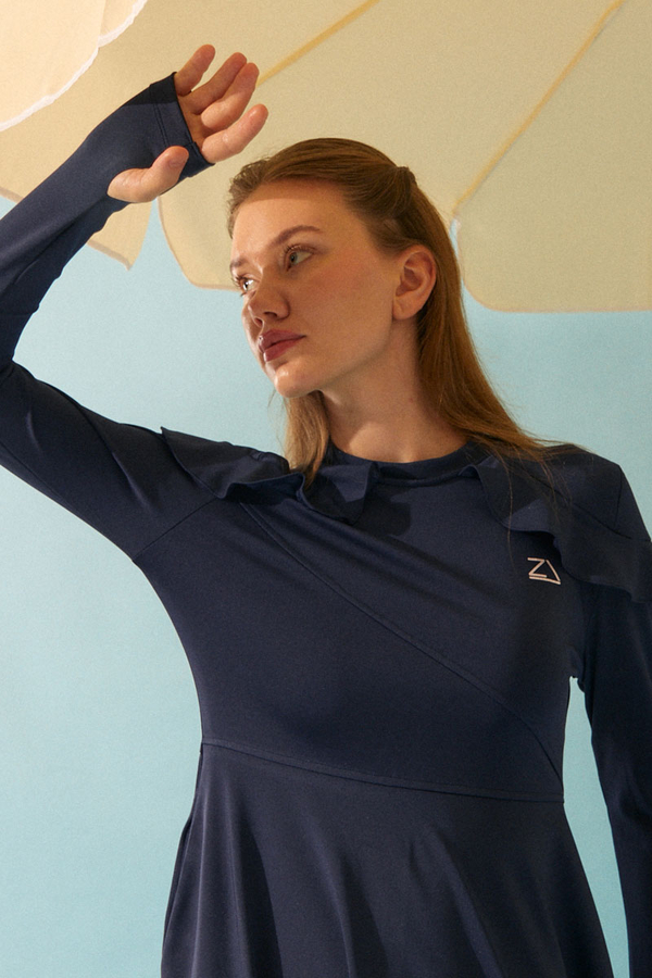 Omzu Fırfırlı Tesettür Mayo Takım Lacivert - 5