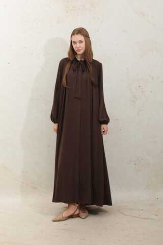 Omzu Pileli Fularlı Elbise Acı Kahve - 2