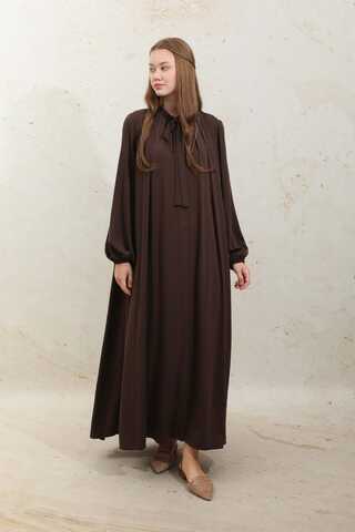 Omzu Pileli Fularlı Elbise Acı Kahve - 3