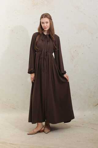 Omzu Pileli Fularlı Elbise Acı Kahve - 4