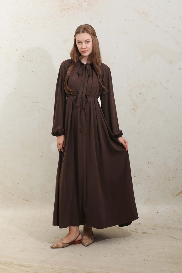 Omzu Pileli Fularlı Elbise Acı Kahve - 4