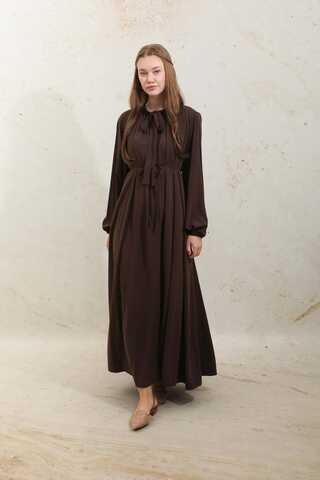 Omzu Pileli Fularlı Elbise Acı Kahve - 1