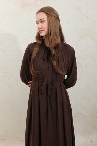 Omzu Pileli Fularlı Elbise Acı Kahve - 7