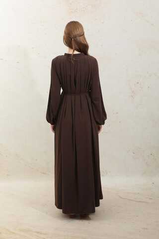 Omzu Pileli Fularlı Elbise Acı Kahve - 9