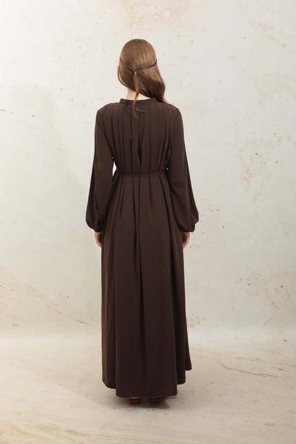 Omzu Pileli Fularlı Elbise Acı Kahve - 9