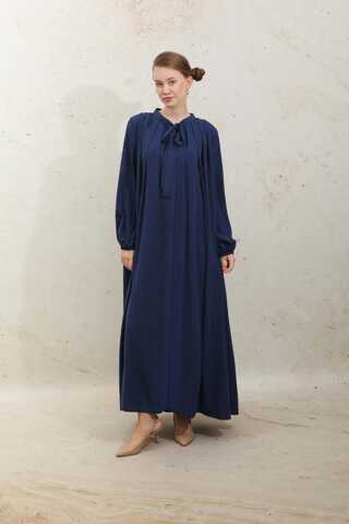 Omzu Pileli Fularlı Elbise Lacivert - 2