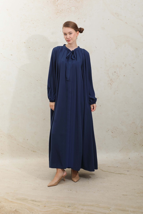 Omzu Pileli Fularlı Elbise Lacivert - 2