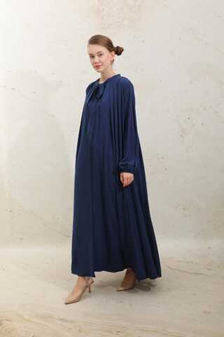 Omzu Pileli Fularlı Elbise Lacivert - 1