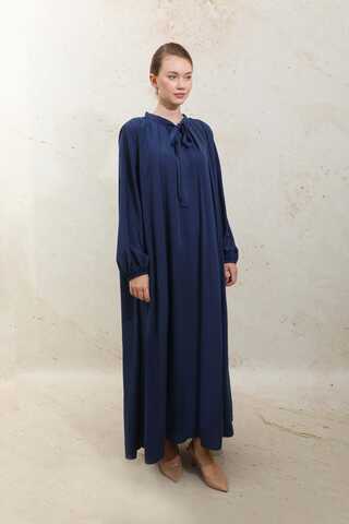 Omzu Pileli Fularlı Elbise Lacivert - 3