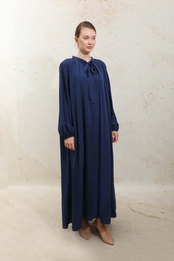 Omzu Pileli Fularlı Elbise Lacivert - 3