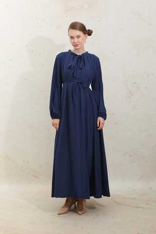 Omzu Pileli Fularlı Elbise Lacivert - 4