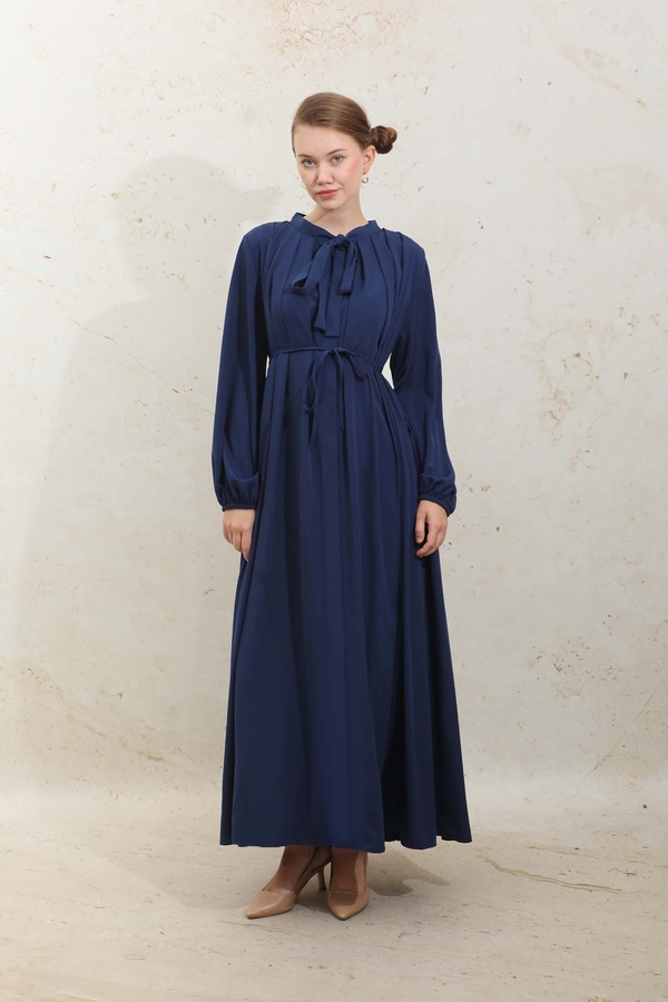 Omzu Pileli Fularlı Elbise Lacivert - 4