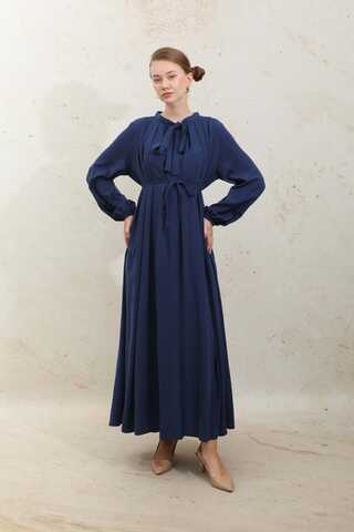 Omzu Pileli Fularlı Elbise Lacivert - 5