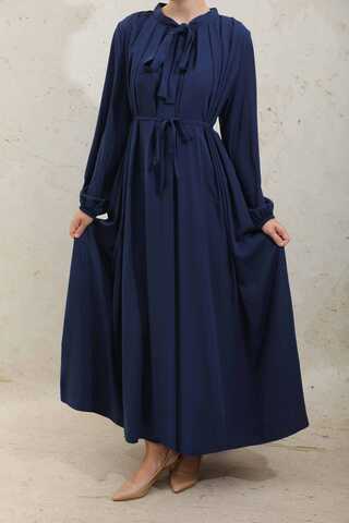 Omzu Pileli Fularlı Elbise Lacivert - 6