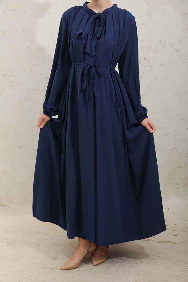 Omzu Pileli Fularlı Elbise Lacivert - 6