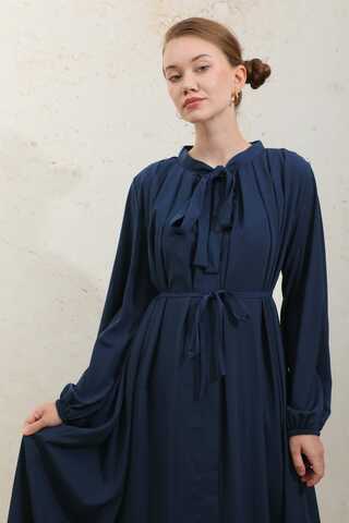 Omzu Pileli Fularlı Elbise Lacivert - 7